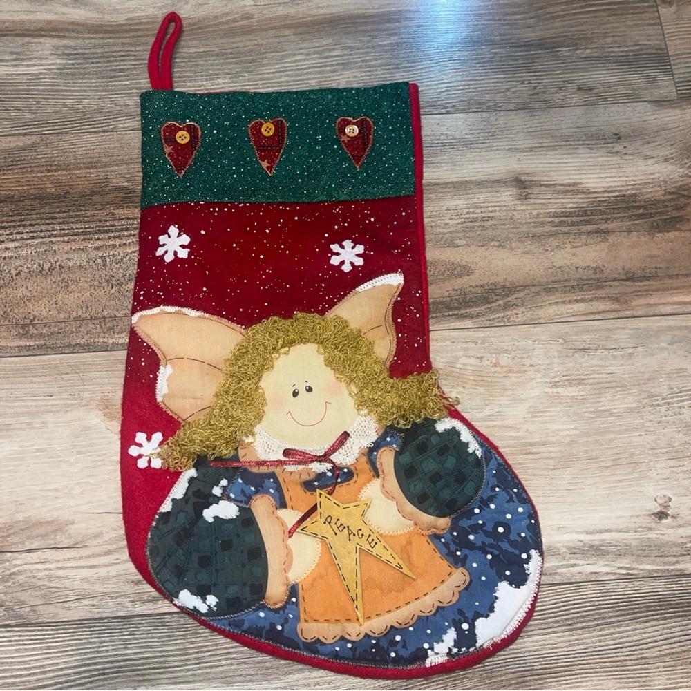 Vintage Christmas Stocking Rustic Country Angel Star Peace Primitive Handmade